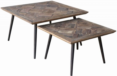Product photograph of Renton Industrial Reclaimed Elm Parquet Top Nest Of 2 Side Tables With Black Metal Legs from Choice Furniture Superstore