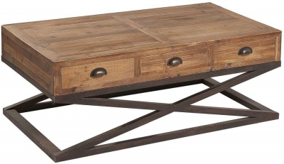 Product photograph of Renton Industrial Reclaimed Pine Coffee Table 3 Storage Drawers With Cross X-legs from Choice Furniture Superstore