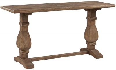 Product photograph of Renton Reclaimed Elm Refectory Console Table With Double Pedestal Balustrade Base - Victorian Style from Choice Furniture Superstore