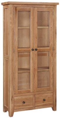 Appleby Oak Glazed Display Cabinet, 2 Glass Doors and 2 Bottom Storage Drawers