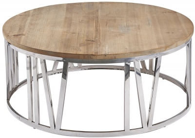 Product photograph of Asbury Old Pine Round Clock Coffee Table With Silver Chrome Metal Frame - Georgian Style from Choice Furniture Superstore