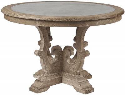 Image of Asbury Old Pine in Grey Lime Finish Round Dining Table with Zinc Top, 120cm Dia Seats 4 Diners - Georgian Style