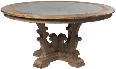 Image of Asbury Old Pine in Grey Lime Finish Round Dining Table with Zinc Top, 160cm Dia Seats 8 Diners - Georgian Style