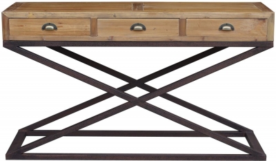 Renton Industrial Reclaimed Pine Console Table, 3 Storage Drawers with Cross X-Legs