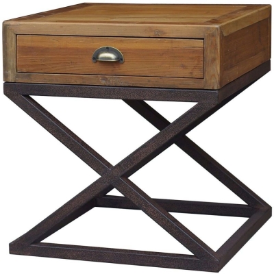 Product photograph of Renton Industrial Reclaimed Pine Lamp Table 1 Storage Drawer With Cross X-legs from Choice Furniture Superstore