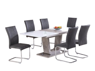 Castello 160cm-200cm Large Butterfly Extending Dining Table and 6 Grey Chairs - White High Gloss and Natural