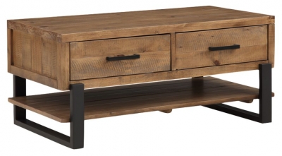 Product photograph of Pembroke Rustic Pine Coffee Table 2 Drawers With Black Metal Legs from Choice Furniture Superstore