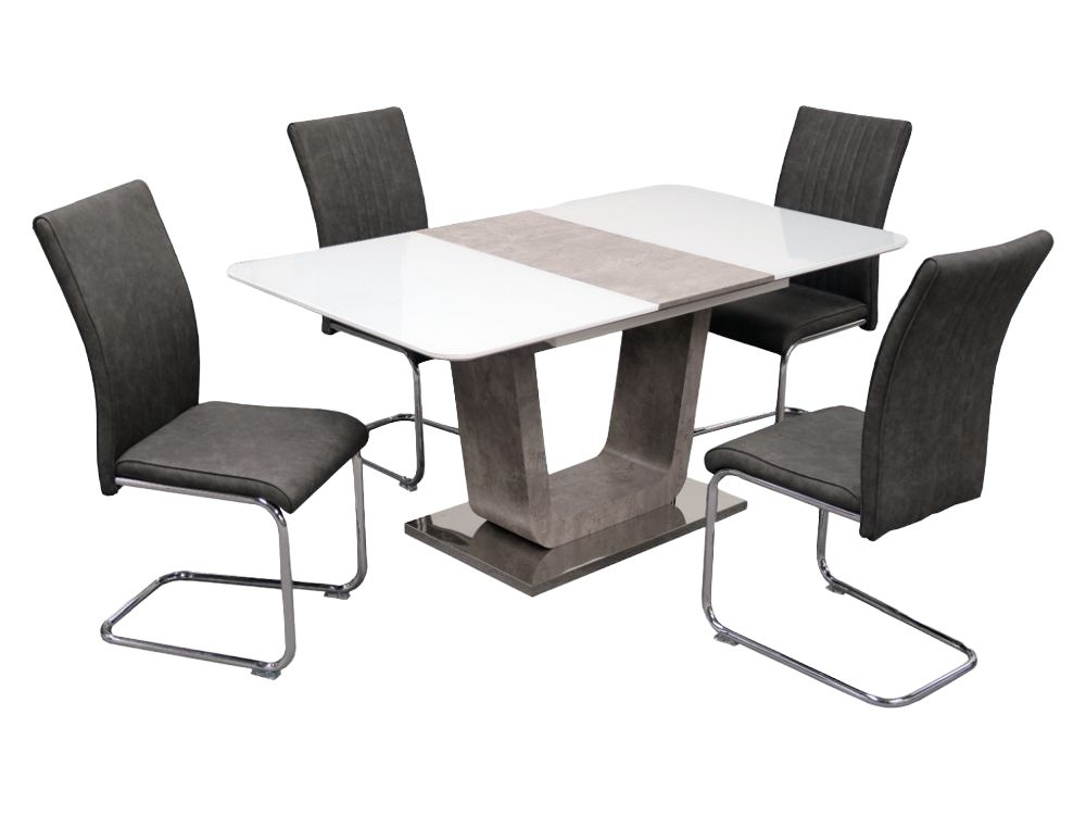 Castello White Gloss 4-6 Seater Butterfly Extending Dining Set with 4 Grey Chairs