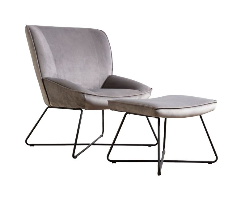 Clearance - Teagan Grey Velvet Fabric Chair and Footstool - D579