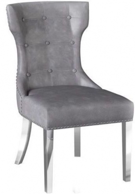 Product photograph of Tetlin Cloudy Grey Leather And Chrome Dining Chair Sold In Pairs from Choice Furniture Superstore