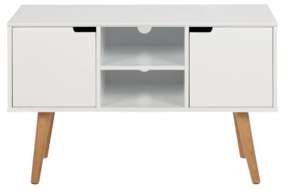Product photograph of Mesilla White 2 Door Wide Sideboard With Oak Legs from Choice Furniture Superstore