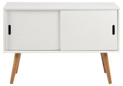 Product photograph of Mesilla White 2 Sliding Door Wide Sideboard With Oak Legs from Choice Furniture Superstore