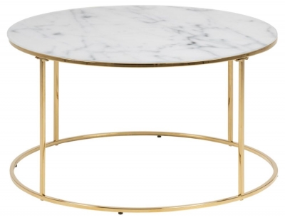 Product photograph of Benton White Crystal Clear Marble Effect Top And Gold Round Coffee Table from Choice Furniture Superstore