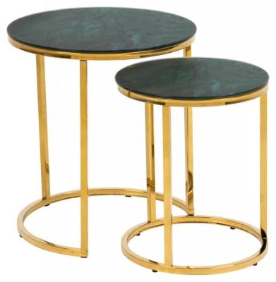 Product photograph of Apison Green Juniper Marble Effect Top And Gold Round Nest Of 2 Tables from Choice Furniture Superstore