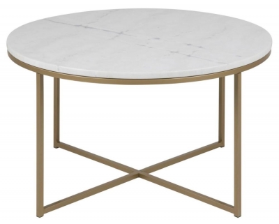 Product photograph of Apison White Guangxi Marble Effect Top And Gold Round Coffee Table from Choice Furniture Superstore