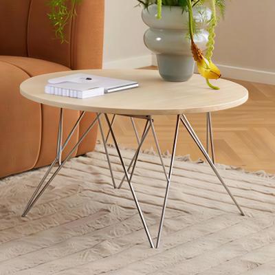Prunus Coffee Table - Round - Beige Travertine Effect - with Chrome Hairpin Legs