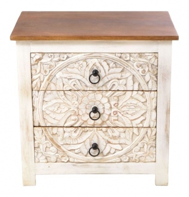 Product photograph of Ancient Mariner Carved Distressed Off White Mango Wood 3 Drawer Side Table from Choice Furniture Superstore