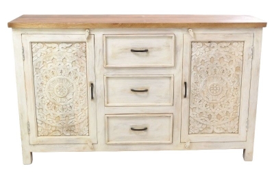 Product photograph of Ancient Mariner Carved Distressed Off White Mango Wood 2 Door Large Sideboard from Choice Furniture Superstore