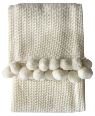 Product photograph of Rustic Moss Stitched Pom Pom Cream Fabric Throw from Choice Furniture Superstore