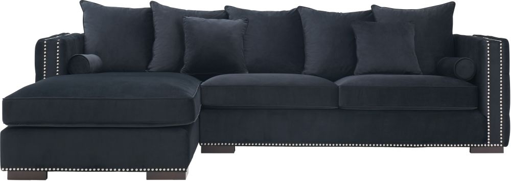 Inverness Black Velvet Studded Fabric Corner Sofa Suite - LHF