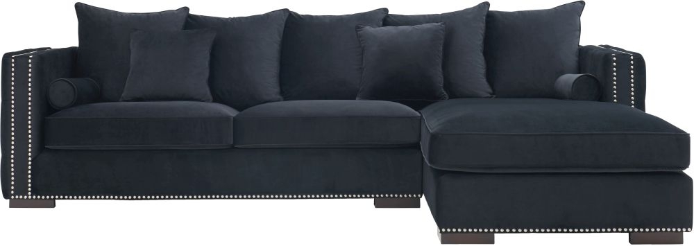 Inverness Black Velvet Studded Fabric Corner Sofa Suite - RHF
