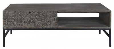 Product photograph of Sahara Black Washed Carved Mango Wood 1 Drawer Coffee Table from Choice Furniture Superstore