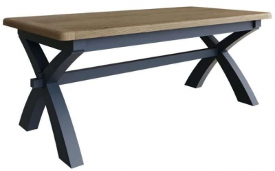 Product photograph of Ringwood Blue Painted Cross Leg 200cm Dining Table - Oak Top from Choice Furniture Superstore