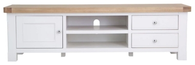 Product photograph of Clairton White 1 Door 2 Drawer Large Tv Unit - Oak Top from Choice Furniture Superstore