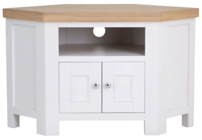 Product photograph of Clairton White 2 Door Corner Tv Unit - Oak Top from Choice Furniture Superstore