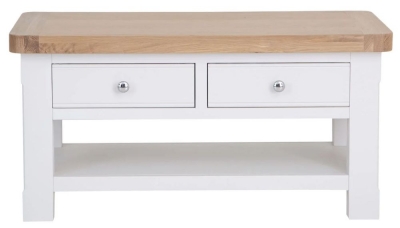 Product photograph of Clairton White 2 Drawer Coffee Table - Oak Top from Choice Furniture Superstore