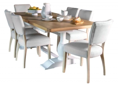 Product photograph of Clairton White 4-6 Seater Extending Pedestal Base Dining Set With 6 Natural Fabric Chairs from Choice Furniture Superstore
