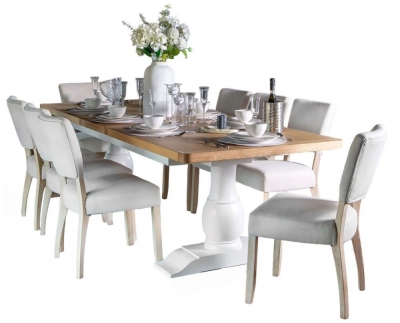 Clairton White 68 Seater Extending Pedestal Base Dining Set With 8 Natural Fabric Chairs