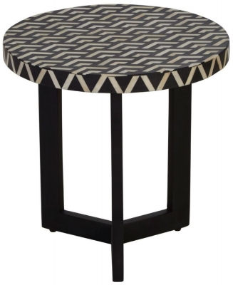 Product photograph of Enlow Acacia Black Bone Inlay Three Legged Round Side Table from Choice Furniture Superstore