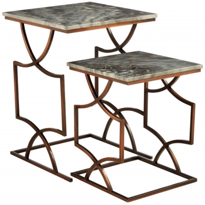 Bridgton Grey Marble Top Set of 2 Tables with Bronze Metal Base
