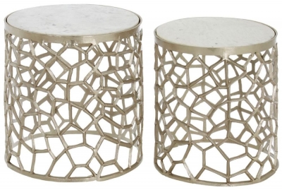 Product photograph of Bridgton Set Of 2 White Marble And Nickel Round Side Tables from Choice Furniture Superstore