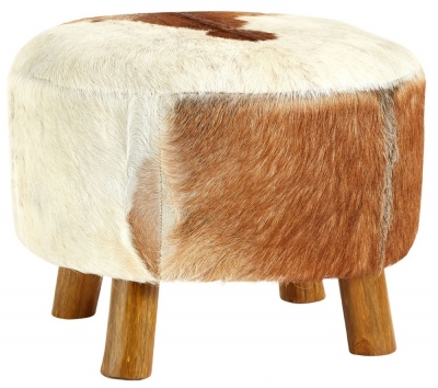 Product photograph of Arroyo White And Brown Goat Hide Round Stool from Choice Furniture Superstore