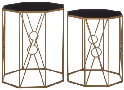 Product photograph of Bellwood Set Of 2 Black Glass Hexagonal Side Tables With Gold Metal Base from Choice Furniture Superstore