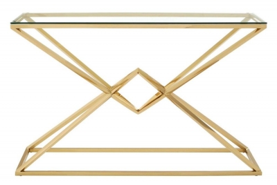 Product photograph of Kelley Glass Top And Champagne Gold Geometric Corseted Console Table from Choice Furniture Superstore