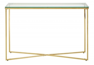 Product photograph of Kelley Glass Top And Gold Cross Base Console Table from Choice Furniture Superstore