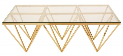 Product photograph of Kelley Glass Top And Gold Spike Triangle Base Coffee Table from Choice Furniture Superstore