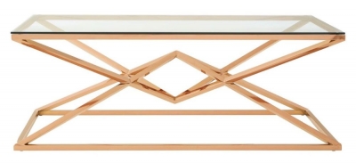 Product photograph of Kelley Glass Top And Rose Gold Geometric Corseted Coffee Table from Choice Furniture Superstore