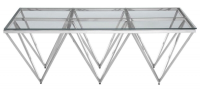 Product photograph of Kelley Glass Top And Silver Spike Triangle Base Coffee Table from Choice Furniture Superstore