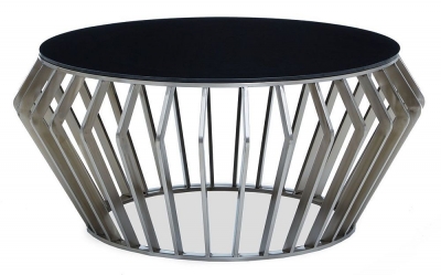 Product photograph of Artesia Black Glass Top Round Coffee Table With Chrome Base from Choice Furniture Superstore