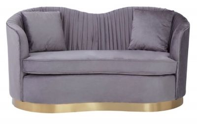 Kirtland Pleated Grey 2 Seater Sofa, Velvet Fabric Upholstered with Gold Base