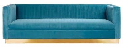 Product photograph of Piqua Light Blue 3 Seater Sofa Velvet Fabric Upholstered With Gold Base from Choice Furniture Superstore