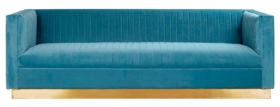 Piqua Light Blue 3 Seater Sofa, Velvet Fabric Upholstered with Gold Base