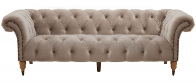 Product photograph of Roper Natural 3 Seater Chesterfield Sofa Studded Velvet Fabric Upholstered With Carved Legs from Choice Furniture Superstore