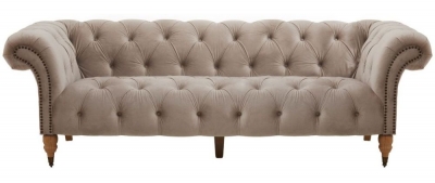 Roper Natural 3 Seater Chesterfield Sofa, Studded Velvet Fabric Upholstered with Carved Legs