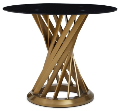 Cavalier Black Glass and Gold Hourglass Base Dining Table, 90cm Seats 2 Diners Round Top