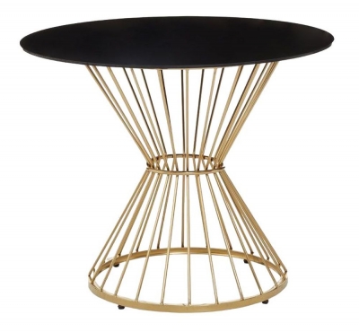 Cavalier Black Glass and Gold Hourglass Wireframe Base Dining Table, 90cm Seats 2 Diners Round Top